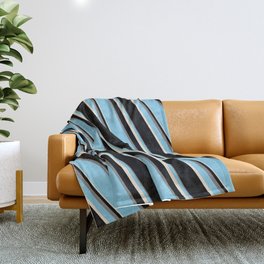 [ Thumbnail: Sky Blue, Beige, Black, and Grey Colored Stripes Pattern Throw Blanket ]