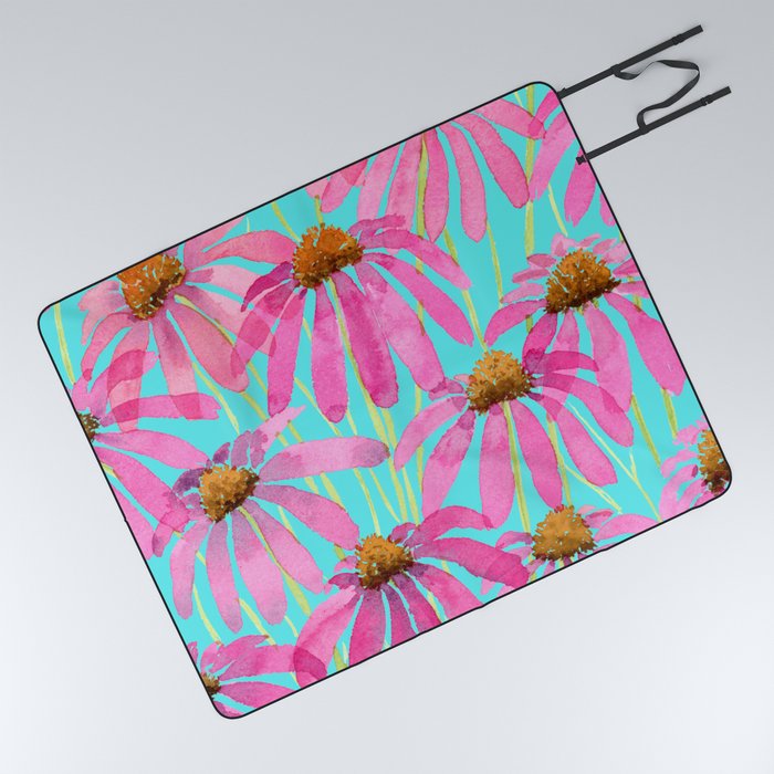 Pink Coneflowers On Turquoise - Watercolor Floral  Picnic Blanket