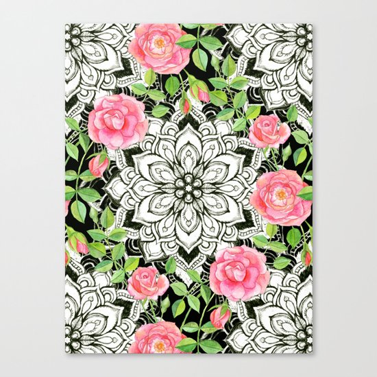 Peach Pink Roses and Mandalas on Black and White Lace Canvas Print
