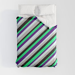 [ Thumbnail: Green, Indigo, Light Cyan, Grey, and Black Colored Lines Pattern Comforter ]