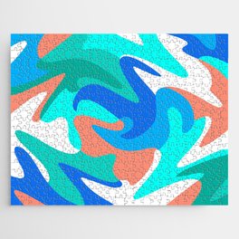 MCM Abstract Waves // Coral, Turquoise, Teal, Cobalt Blue, Denim, White Jigsaw Puzzle
