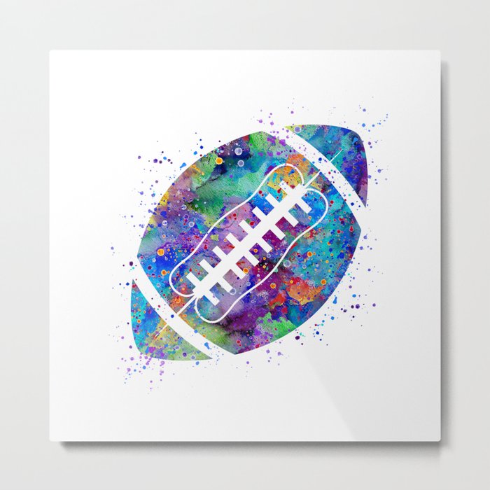 American Football Ball Art Colorful Blue Purple Watercolor Art Sports Gift Metal Print