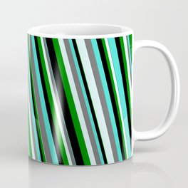 [ Thumbnail: Eyecatching Turquoise, Dim Grey, Light Cyan, Green & Black Colored Striped Pattern Coffee Mug ]
