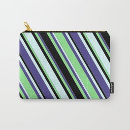 [ Thumbnail: Dark Slate Blue, Light Green, Black, and Light Cyan Colored Lined Pattern Carry-All Pouch ]