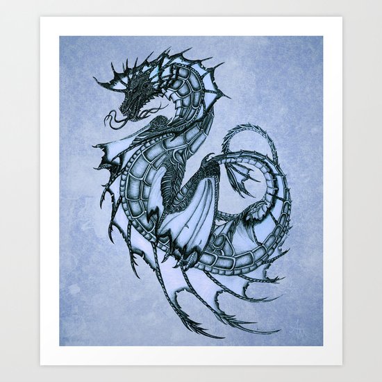 "Tsunami" by Amber Marine ~ Sea Dragon (Ice Blue Version) ~ Graphite/Charcoal Illustration, (c) 2005 Art Print