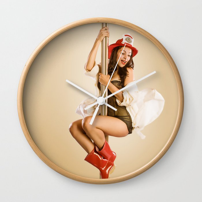 "Four-Alarm Flirt" - The Playful Pinup - Firefighter Girl Pin-up by Maxwell H. Johnson Wall Clock