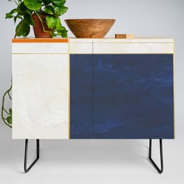 Orange, Blue And White With Golden Lines Abstract Painting Credenza