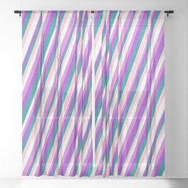 [ Thumbnail: Eye-catching Pink, Mint Cream, Orchid, Dark Orchid & Dark Cyan Colored Stripes Pattern Sheer Curtain ]