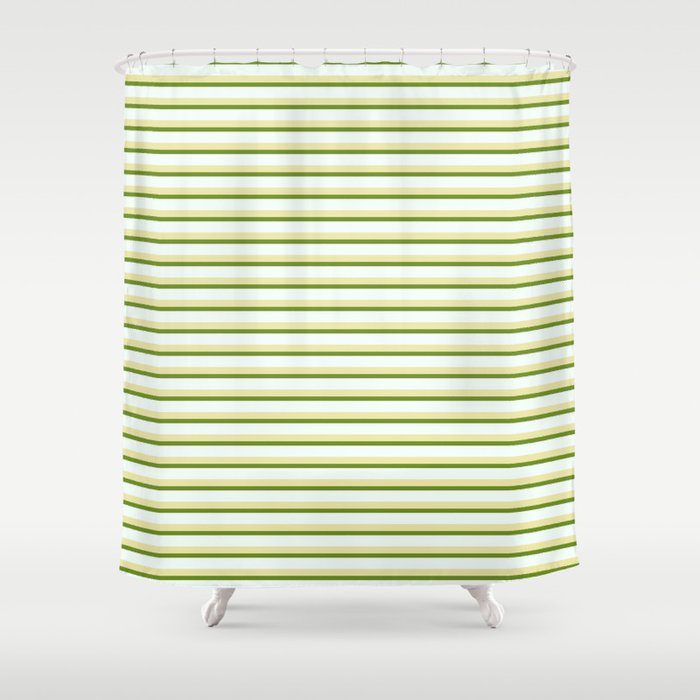Pale Goldenrod, Green & Mint Cream Colored Striped/Lined Pattern Shower Curtain