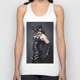 Sexy brunet in cat mask and latex costume Unisex Tank Top