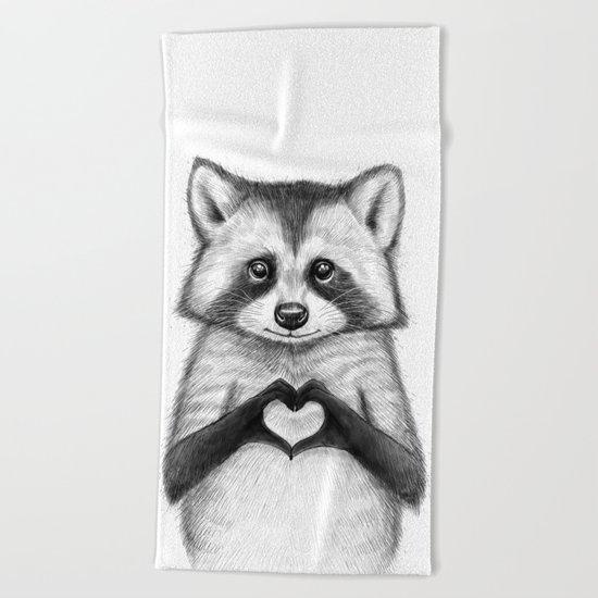 raccoon with heart Beach Towel