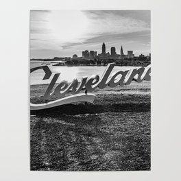 Cleveland Ohio Sign Lake Erie Skyline Black White Print Poster