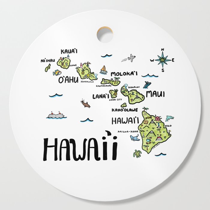 Hawaii Illustrated Map Color Cutting Board