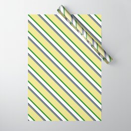 [ Thumbnail: Eye-catching Slate Gray, Tan, Forest Green, White, and Black Colored Lined Pattern Wrapping Paper ]
