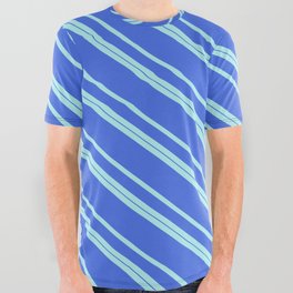 [ Thumbnail: Turquoise & Royal Blue Colored Lined Pattern All Over Graphic Tee ]