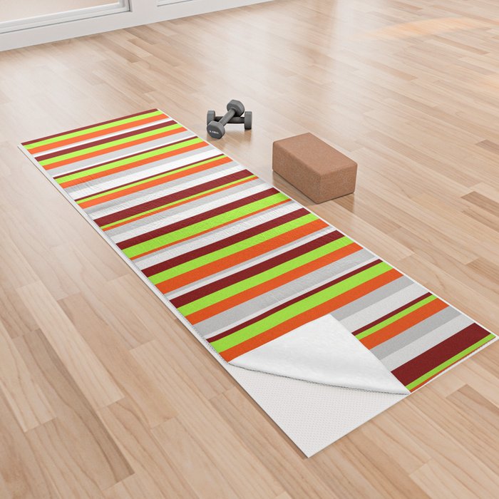 Eye-catching Maroon, Light Green, Red, Light Gray, and White Colored Stripes/Lines Pattern Yoga Towel
