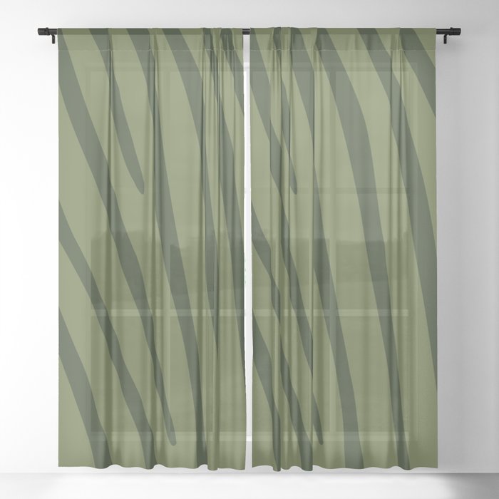 Abstract Zebra Stripes Pattern - Pine Tree and Dark Olive Green Sheer Curtain