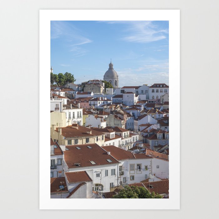 Summer in Alfama, Lisbon, Portugal - pastel yellow and blue street and travel photography Art Print