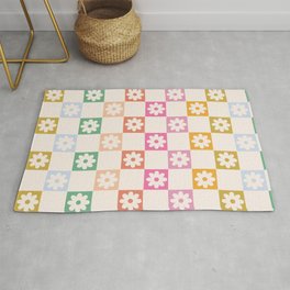 Flowers Rainbow Checkerboard Pattern Rug | Groovy, Bright, Rainbow, Bohemian, 60S, Boho, Checkerboard, Painting, Retro, 70S 