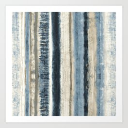 Distressed Blue and White Watercolor Stripe Art Print