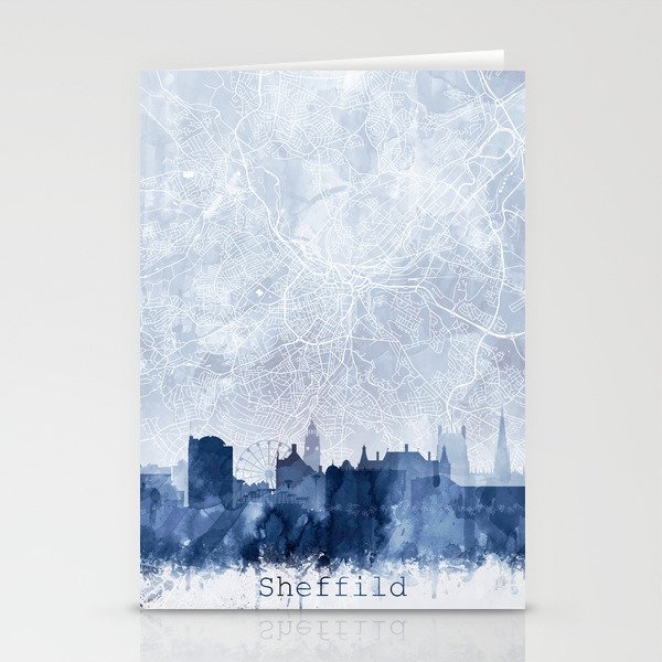Sheffield Skyline & Map Watercolor Navy Blue, Print by Zouzounio Art Stationery Cards