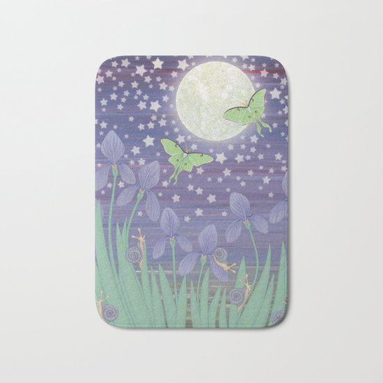 Moonlit stars, luna moths, snails, & irises Bath Mat