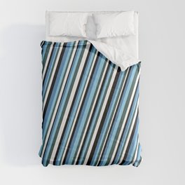 [ Thumbnail: Eyecatching Blue, Sky Blue, Dark Slate Gray, White, and Black Colored Stripes Pattern Comforter ]