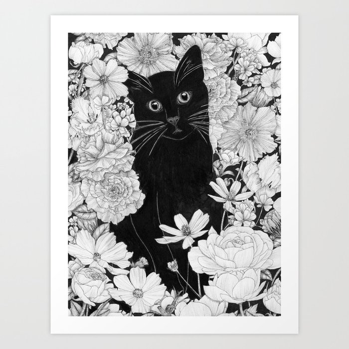 Little Black Garden Cat Art Print