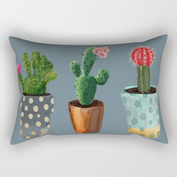 Three Cacti With Flowers On Blue Background Rectangular Pillow