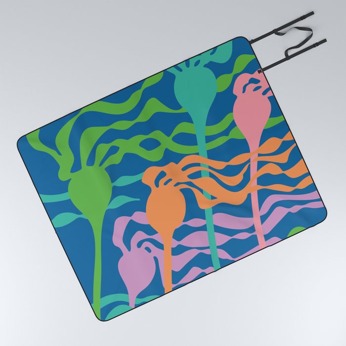 KELP FOREST COASTAL BEACH UNDERSEA SEAWEED in BRIGHT SUMMER COLORS ON ROYAL BLUE Picnic Blanket