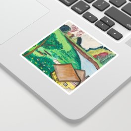 The cottage on the flower field Sticker