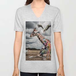 Giraffe Painting Surreal V Neck T Shirt