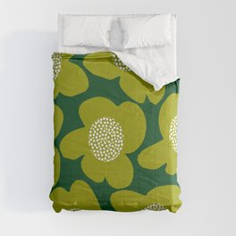 Large Retro Flowers Olive Green Petals White Center Dark Green Background #decor #society6 #buyart Comforter