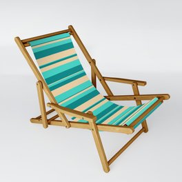 [ Thumbnail: Dark Cyan, Tan & Turquoise Colored Pattern of Stripes Sling Chair ]