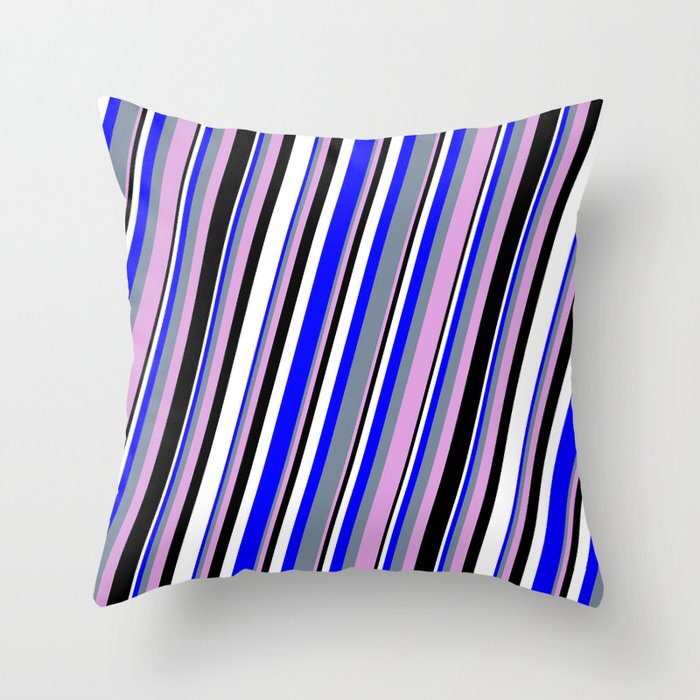 Blue, Light Slate Gray, Plum, Black & White Colored Stripes/Lines Pattern Throw Pillow