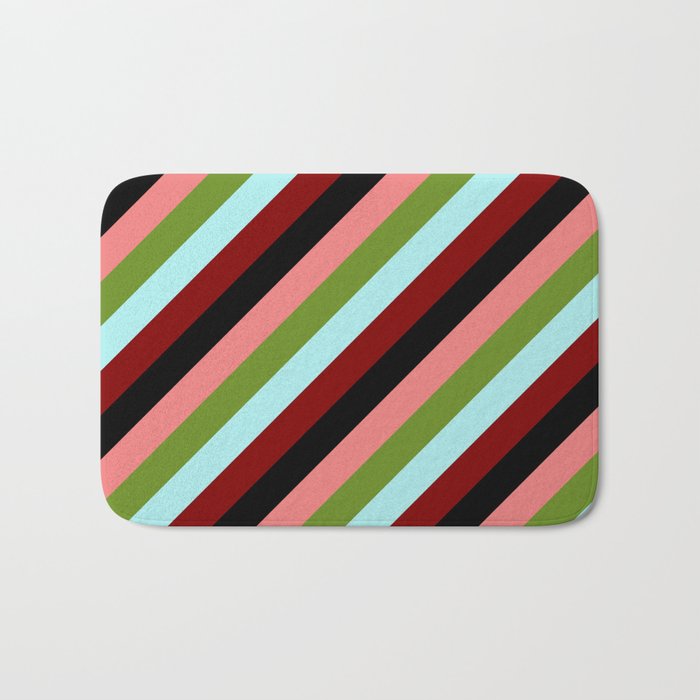 Eyecatching Light Coral, Green, Turquoise, Maroon & Black Colored Striped/Lined Pattern Bath Mat
