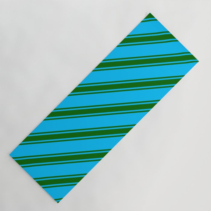 Deep Sky Blue & Dark Green Colored Stripes/Lines Pattern Yoga Mat