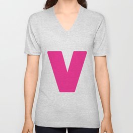 V (Dark Pink & White Letter) V Neck T Shirt