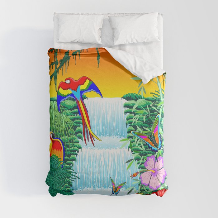 Waterfall Macaws and Butterflies on Exotic Landscape in the Jungle Naif Style Duvet Cover