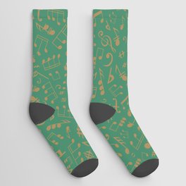 Gold Musical Notation Pattern on Christmas Green Socks