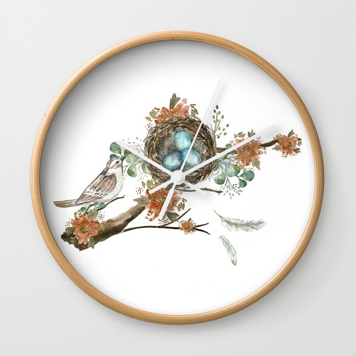 The Bird Watcher's Nest with Flowers on White Wall Clock