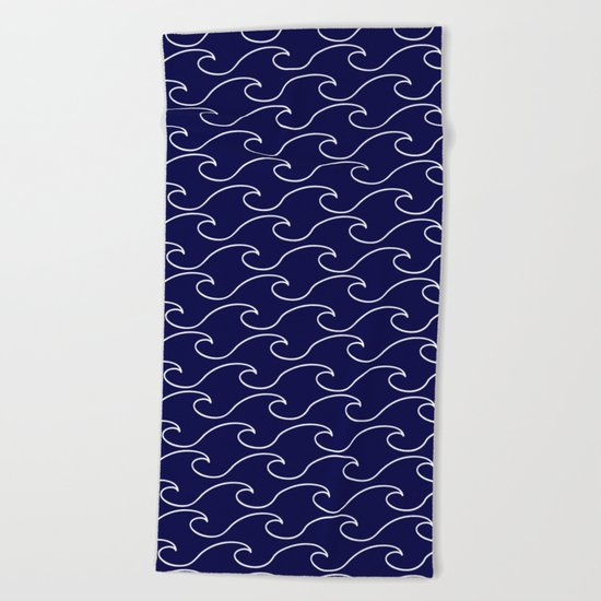sea waves - white on darkblue pattern - Martitime Design Beach Towel