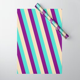 [ Thumbnail: Turquoise, Purple & Tan Colored Stripes/Lines Pattern Wrapping Paper ]