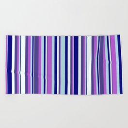 [ Thumbnail: Colorful Blue, Powder Blue, Orchid, Dark Slate Blue & Mint Cream Colored Lined/Striped Pattern Beach Towel ]