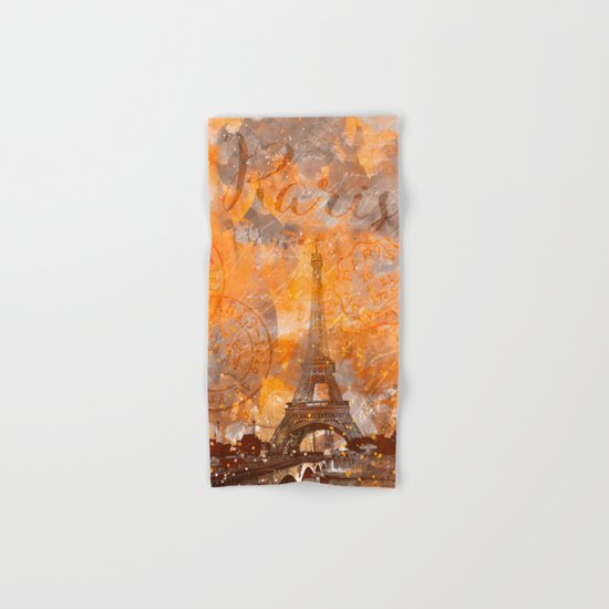 Paris Eifel Tower orange mixed media art Hand & Bath Towel