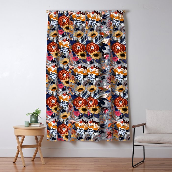 Popping Floral Orange Navy Blackout Curtain By