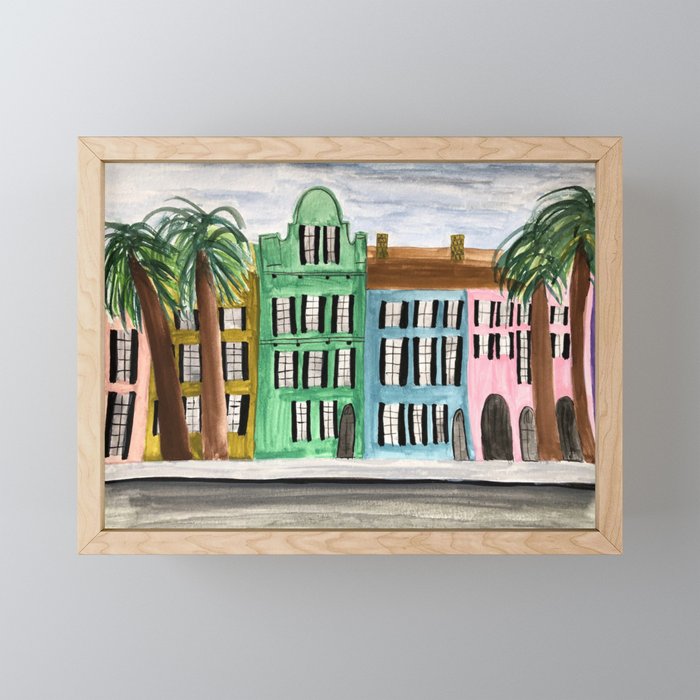 Rainbow Row Charleston South Carolina Watercolor Sketch Framed Mini Art Print