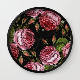 Embroidery red roses vintage seamless pattern. Beautiful buds of red roses classical fashion style on black background.  Wall Clock