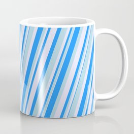 [ Thumbnail: Blue, Light Blue & Lavender Colored Lined/Striped Pattern Coffee Mug ]