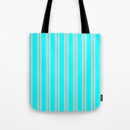 [ Thumbnail: Cyan & Light Gray Colored Pattern of Stripes Tote Bag ]